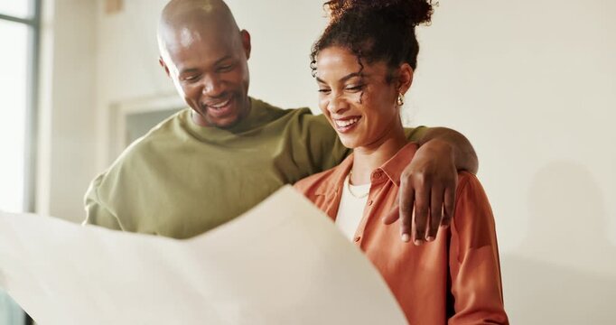 Couple, new home or blueprint for remodeling, laugh or hug with real estate idea for upgrade. African people, document or planning renovation for house improvement, funny joke or property development