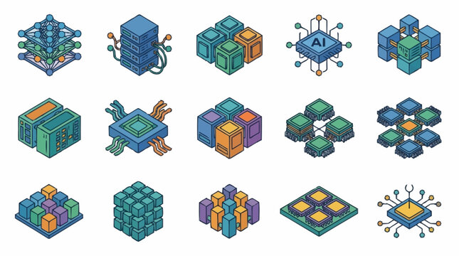 Isometric illustrations of abstract data structures and artificial intelligence concepts.