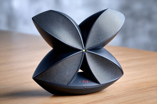 Abstract Geometric Black Speaker With Sparkle Texture On Wooden Table Against Grey Concrete Wall