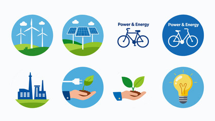 Fototapeta premium Renewable energy icons set, sustainable green power and ecology symbols vector, solar panels and wind turbine illustrations for environmental projects