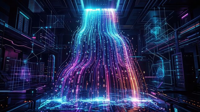 Futuristic data waterfall with vibrant neon lights and binary code streams in a dark cyberpunk environment with glowing circuits