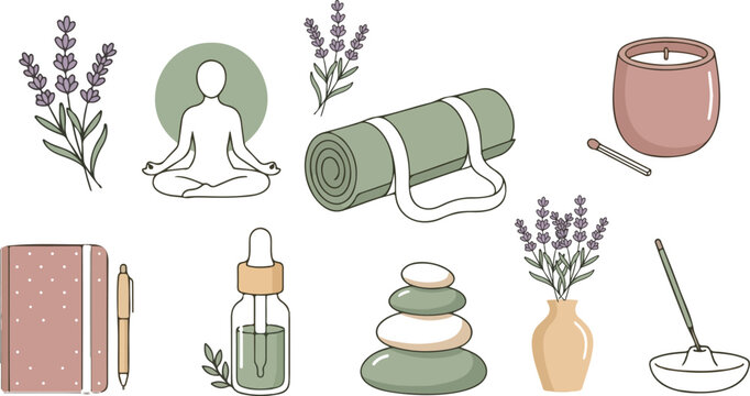 Holistic self care and mindfulness icons collection with line art yoga person silhouette incense stick candle notebook journaling and spa wellness elements.