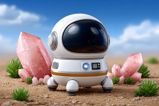 Cute White Space Robot Explorer On Alien Desert Landscape With Pink Crystals And Blue Sky