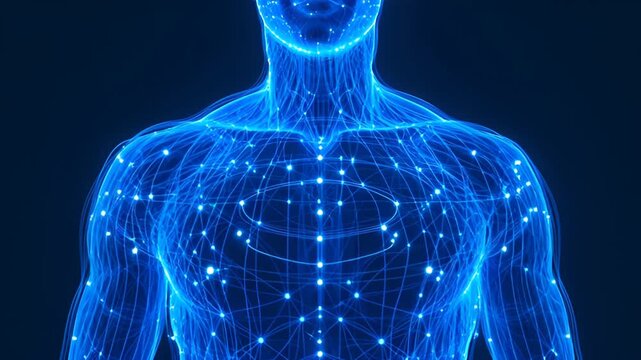 Digital 3D anatomy of a human torso with blue glowing energy nodes and network connections