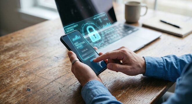 Person logging into a smartphone using multi-factor authentication (MFA) and advanced cybersecurity data protection.
