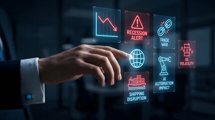 Obraz premium A Business Professional Interacts with a Futuristic Digital Global Economy Interface Displaying Risks and Industrial Automation Analytics