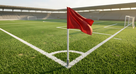 Football corner flag waving at stadium with green pitch and white lines © Grapbdking