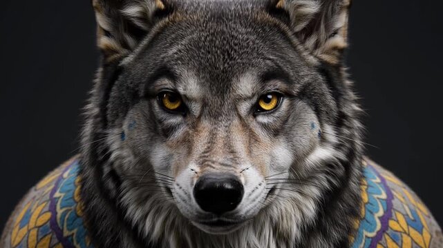 Portrait of a grey wolf with yellow eyes wearing a colorful tribal shawl on a black background