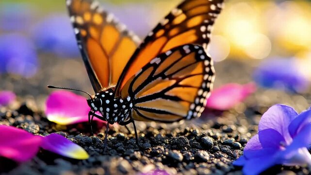 Close up of a beautiful monarch butterfly resting on the ground among colorful flower petals.