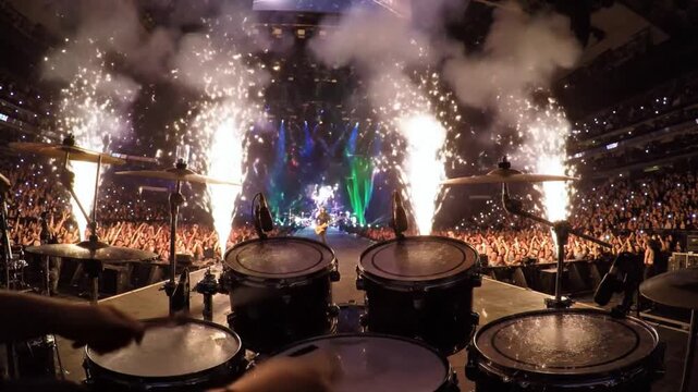 First person POV of drummer performing on stage with pyrotechnics at a massive arena concert.