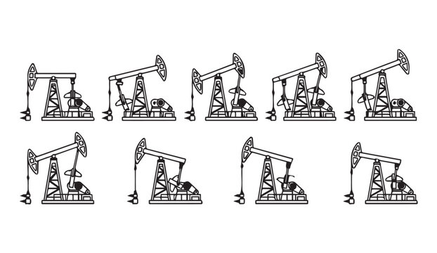 Row of oil pump jacks operating during daytime with clear sky and isolated on white background
