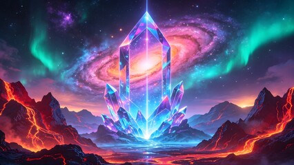 Fototapeta premium Fantasy Crystal Monolith Galaxy Aurora Lava Background Illustration