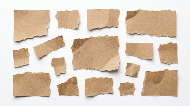 Torn cardboard pieces scattered on a white surface, showing ripped edges and various shapes.