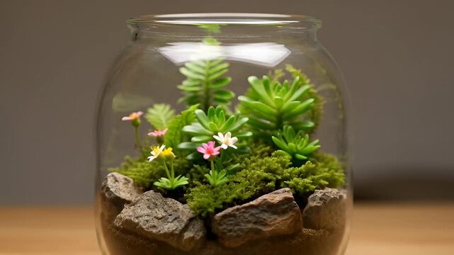 Miniature terrarium with green succulents and colorful flowers in a glass jar