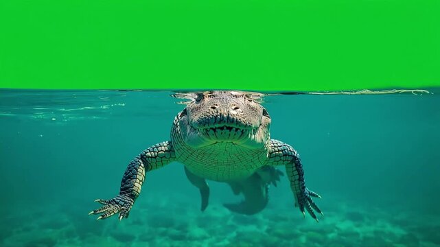 Alligator swimming underwater with green screen background for professional chroma key compositing in high quality cinematic video motion clip