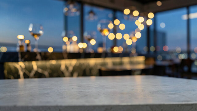 Honed Grey Concrete Table Surface on Sophisticated Open Air Rooftop Bar with Backlit Onyx Counter Lu
