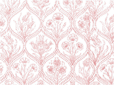 Floral Botanical Cross-Stitch Embroidery Seamless Vector Pattern Pink White Soft Fabric Textile Design
