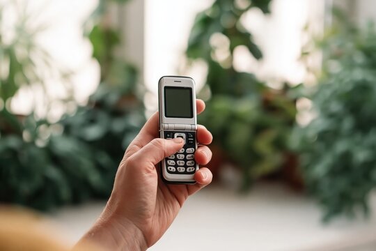 Hand holding a vintage retro clamshell mobile phone with a blurred green background