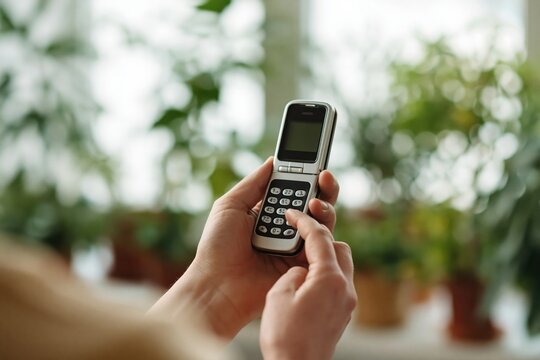 Hand holding a vintage retro flip mobile phone for old cellular communication tech