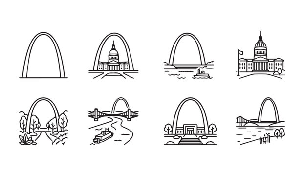 St Louis Gateway Arch various landmark scenes and architectural elements in simple line drawing style