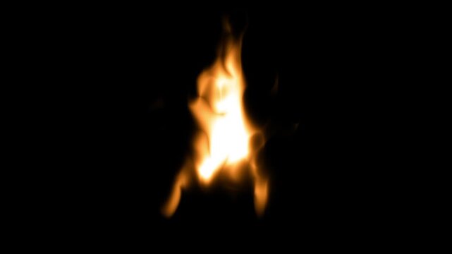 A small realistic campfire or bonfire with a single tall yellow and orange flame burning on a dark background in a minimal style