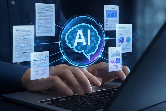AI-powered document analysis and management. Intelligent structure analysis and information extraction. Automated document processing and knowledge management. Businessperson using laptop computer.