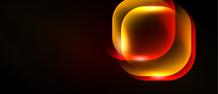 Abstract glowing shapes overlap, creating warm light effect against dark background. Smooth gradients suggest energy, depth.