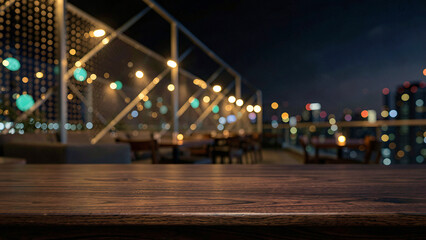 Fototapeta premium Dark Walnut Wood Tabletop on Chic Rooftop Lounge with Ambient Warm Uplighting Luxury City Bokeh Back