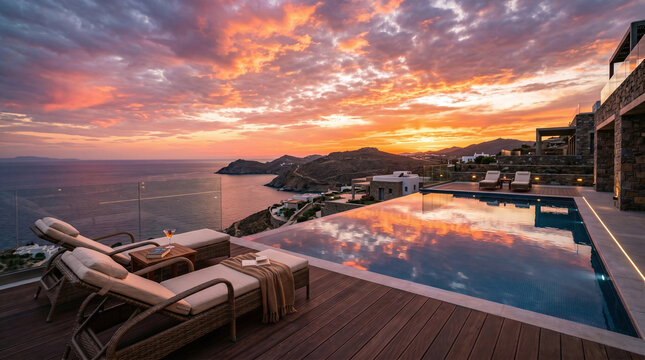 Modern Terrace and Ocean View at Golden Sunset