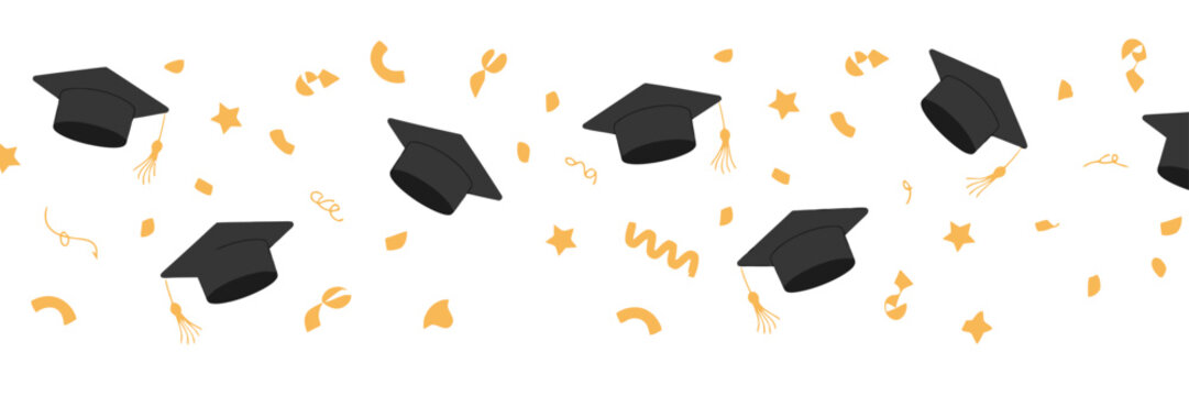 Graduation caps with confetti celebration.