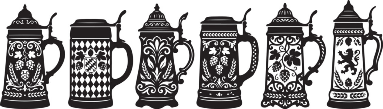 Black and white beer stein icons, vector illustrations, decorative steins, traditional German beer mugs