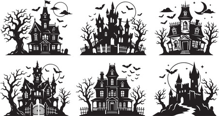Obraz premium Halloween haunted houses, spooky mansions, creepy villas, black vector icons