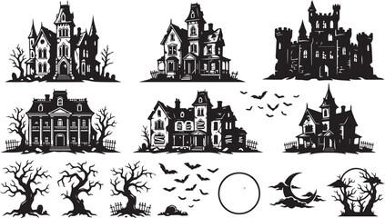 Obraz premium Halloween house, castle, and tree vector icons, black silhouette illustrations, spooky night scene elements