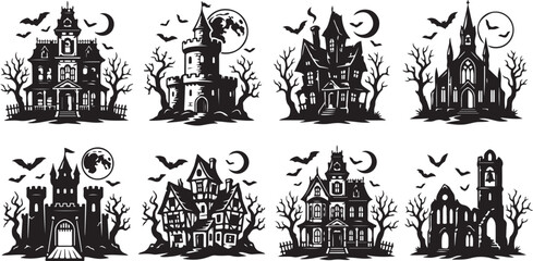Fototapeta premium Halloween haunted houses, spooky mansions, creepy castles, black vector icons
