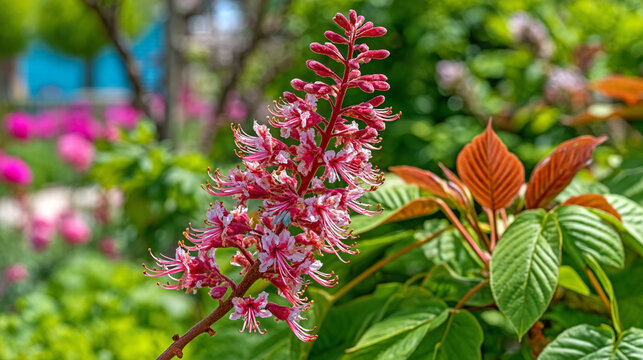 Pink bottlebrush flowers in lush garden setting with bottlebrush blooming outdoors colorful