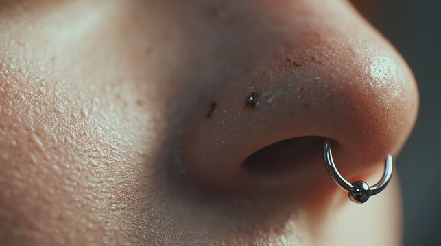 Close-up of a nose with a piercing accessory.