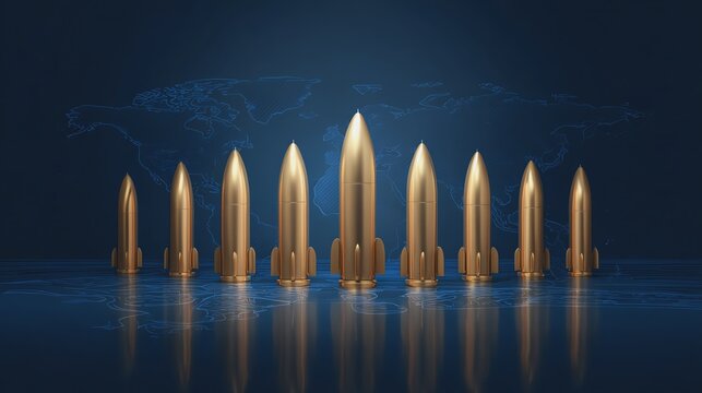 Golden rockets on reflective surface, futuristic look.