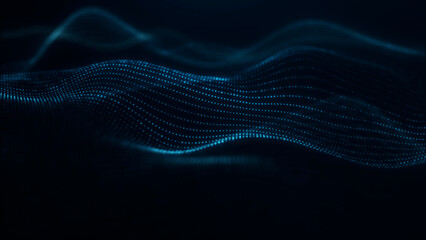 Flowing cyan particle wave landscape moves across a deep navy background, designed for data...
