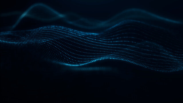 Flowing cyan particle wave landscape moves across a deep navy background, designed for data visualization, sound analysis, digital communication, and technology media