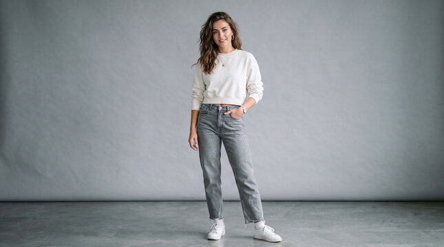Stylish Young Woman in White Sweater and Jeans