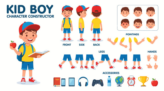 Kid boy construction character constructor with safety gear and multiple views for an engaging avatar creator and educational design resource.