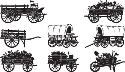 Obraz premium Vintage wagon, old western carts, rustic transportation, black silhouette icons