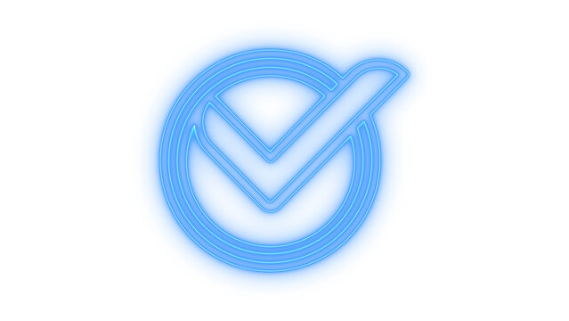 Colorful neon check mark icon inside a circle representing success validation and approval in a modern futuristic glowing style isolated on transparent background for web design