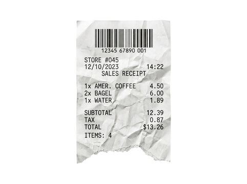 Thermal Paper Sales Receipt with Barcode and Crumpled Texture Isolated on Black for Finance and Expense Reporting