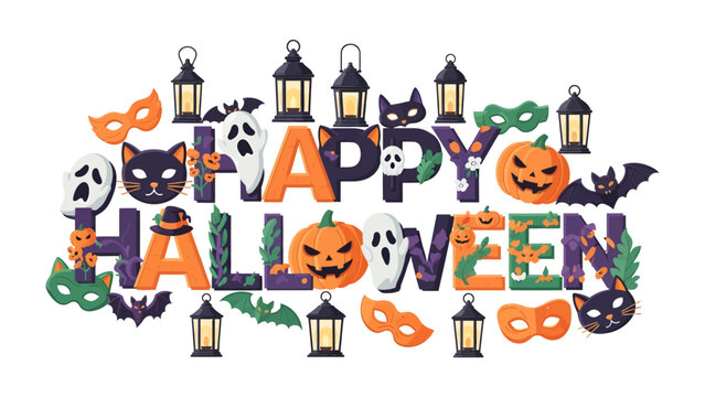 Happy Halloween Illustration: A festive and playful illustration spells out Happy Halloween with spooky and charming elements like ghosts, pumpkins, bats, masks, and lanterns.