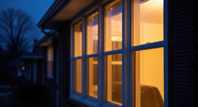 Exterior View of Lit Windows at Dusk, Evening Atmosphere, Home.
