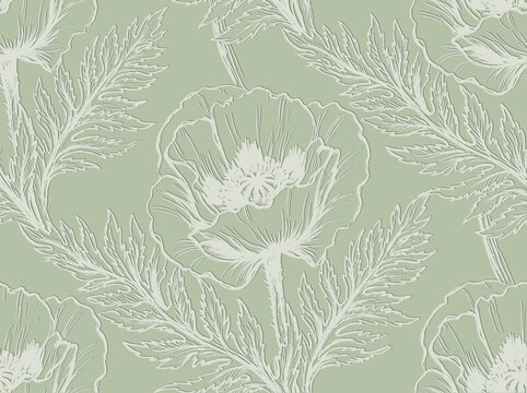 Rose Peony Seamless Pattern Sage Tonal Green Repeat Fabric Wallpaper Elegant Floral Surface Vintage Design