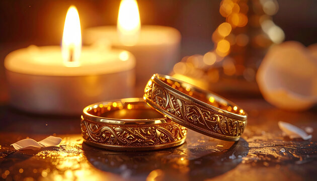 Close up of golden wedding rings with lit candles in soft focus