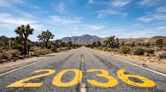 Desert highway with 2036 painted on asphalt in arid landscape for strategic business marketing