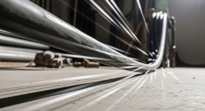 Industrial metal pipes and lines on the floor.